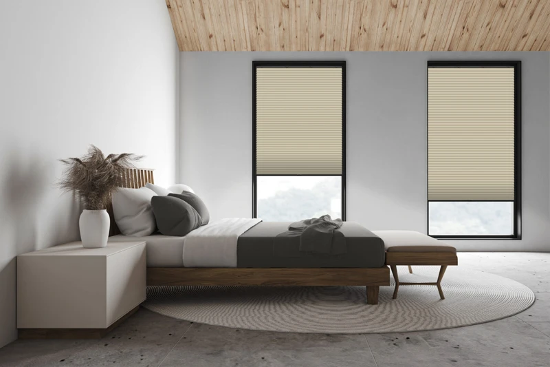 White attic master bedroom, side view