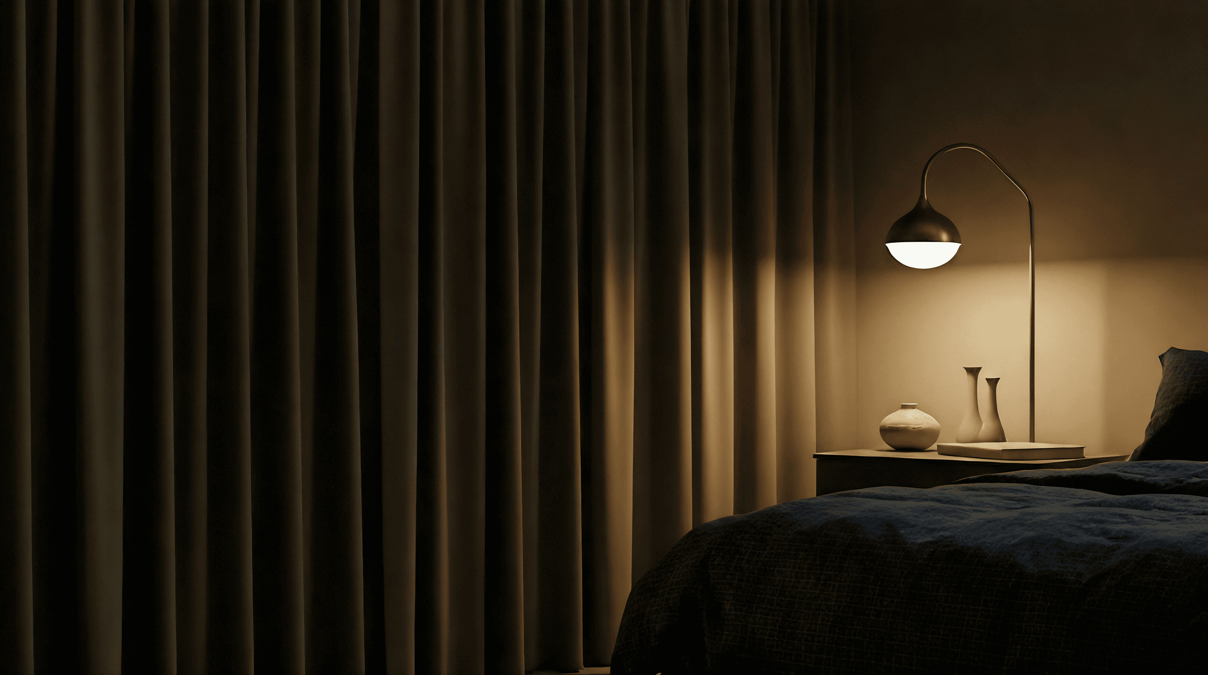 Dunkle Verdunklungsvorhänge im abgedunkelten Schlafzimmer