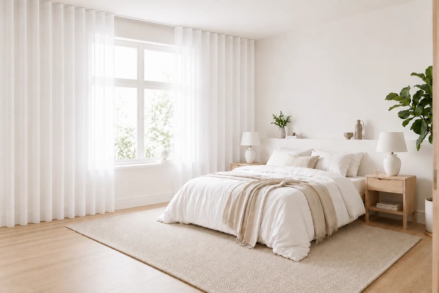 Transparente Gardinen nach Maß im hellen Schlafzimmer