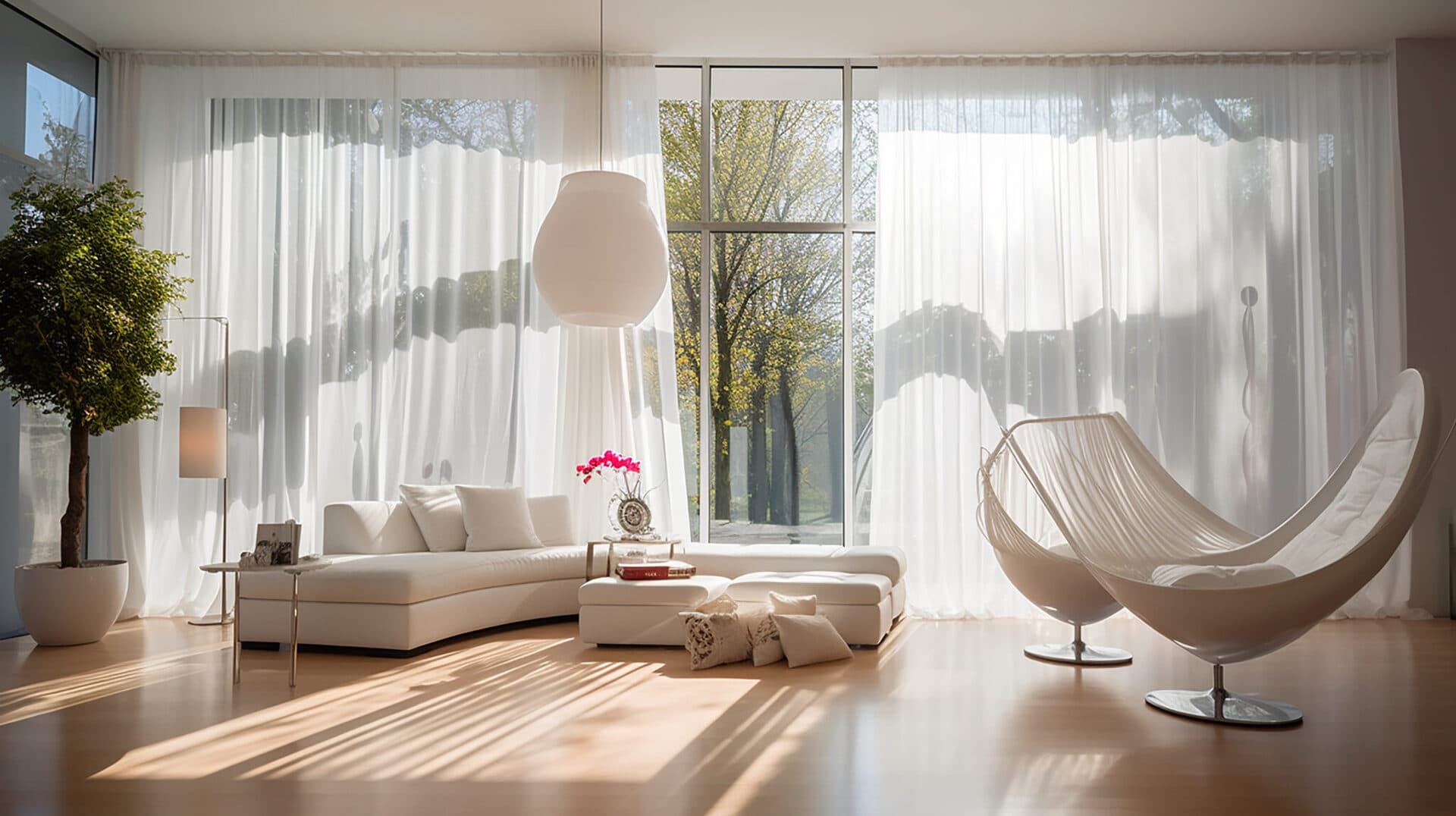 Transparente Voile-Gardine vor einem hellen Fenster