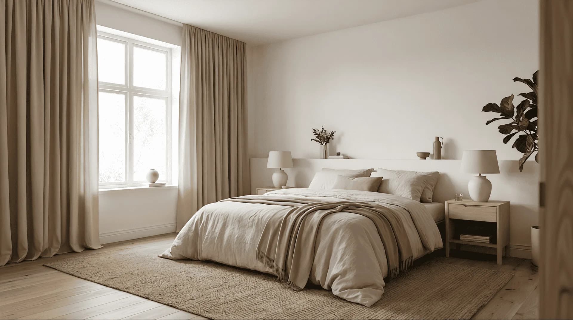 Beige Fertigvorhänge seitlich am Fenster im Schlafzimmer