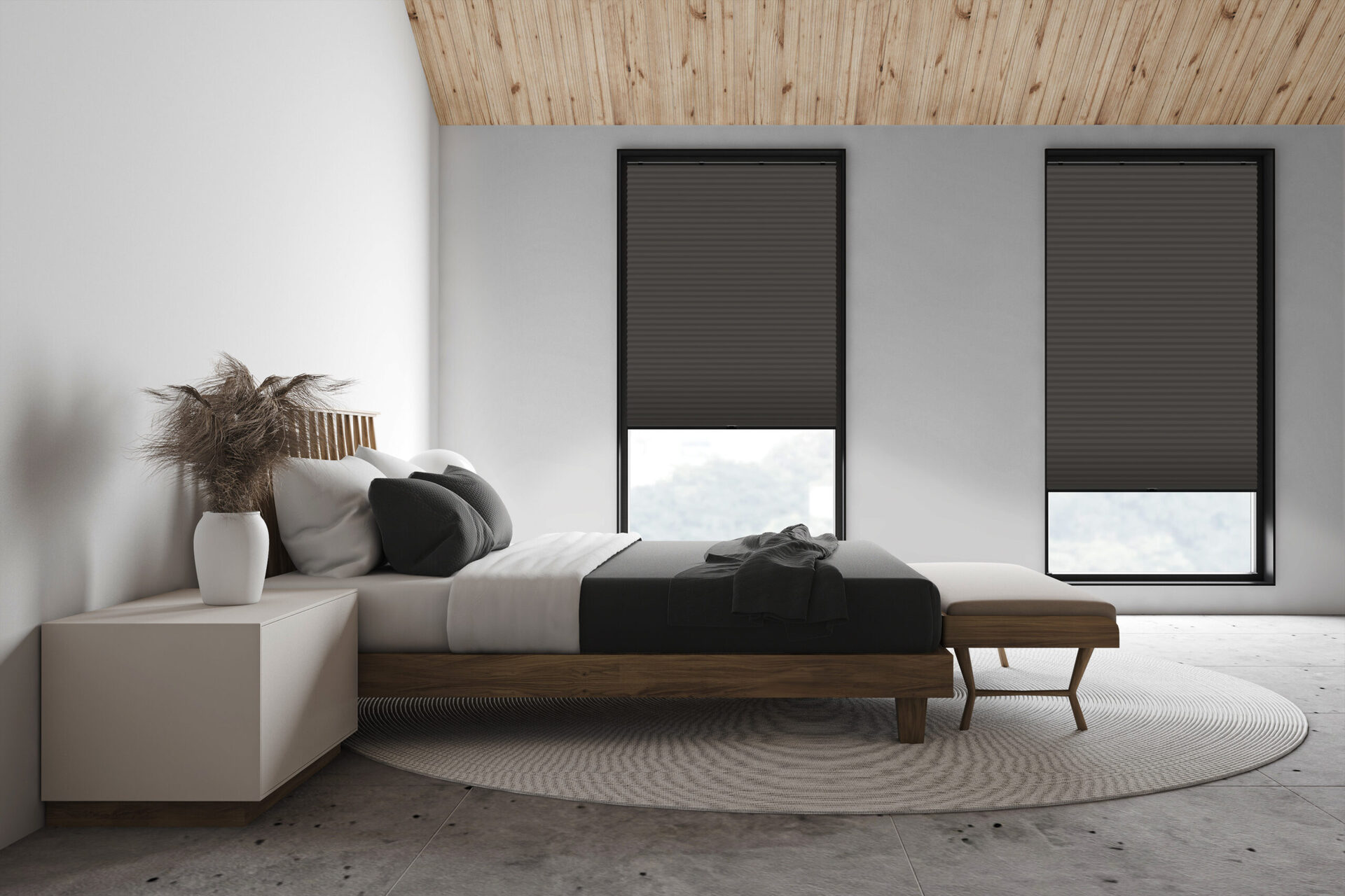 White attic master bedroom, side view