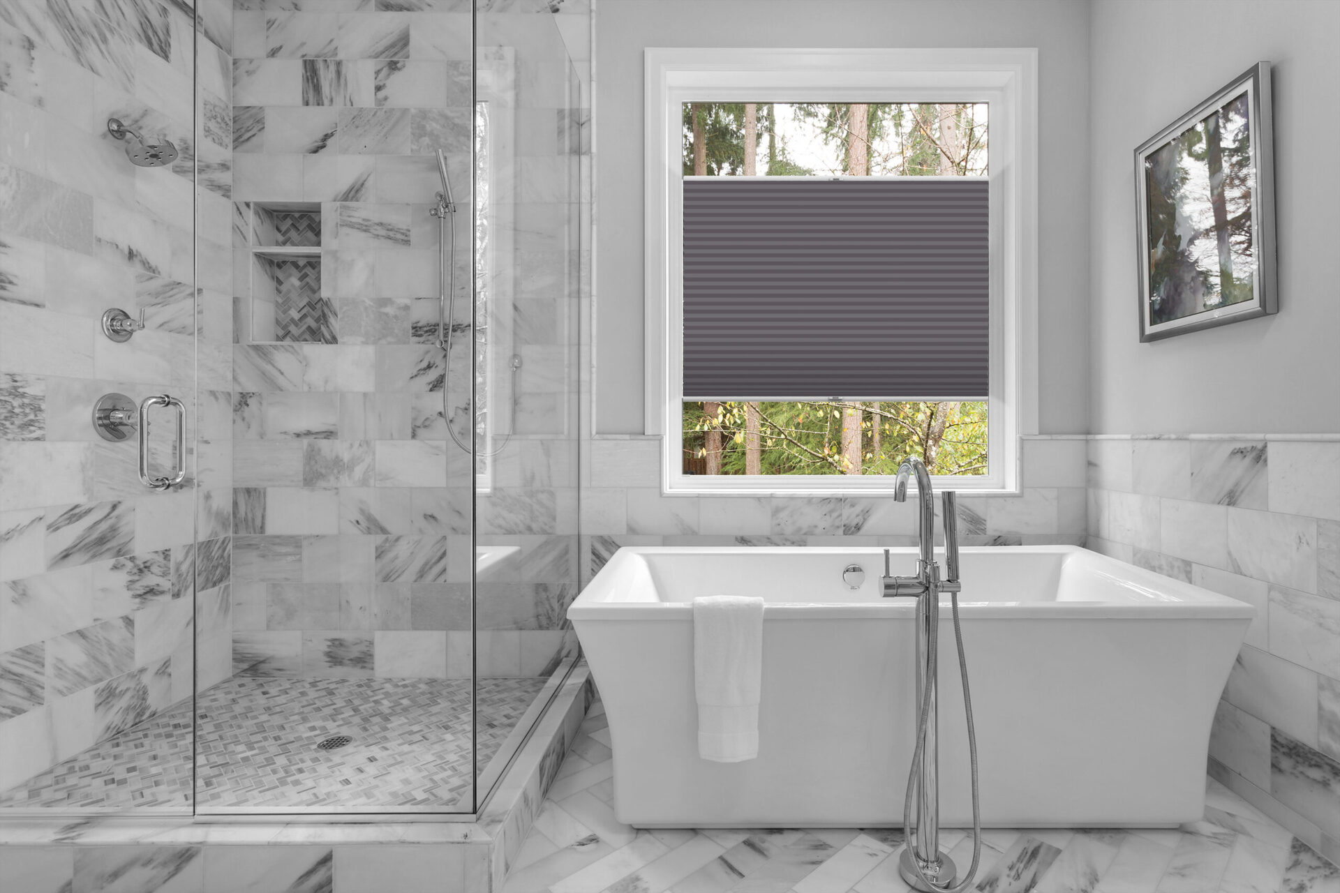 Bathroom with bathtub and shower in new luxury home with all gla